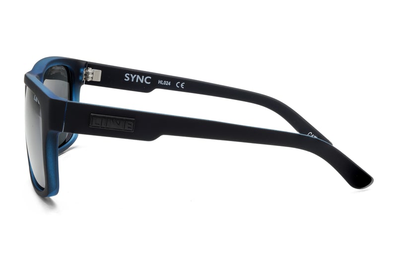A pair of Liive Sync Polar Sunglasses featuring sleek, black-rimmed polarised lenses and blue accents on the front and arms. The arm displays "SYNC HL.024 CE" with a logo on the side. These glasses have a rectangular design and dark lenses with UV protection, beautifully highlighted against a white background.