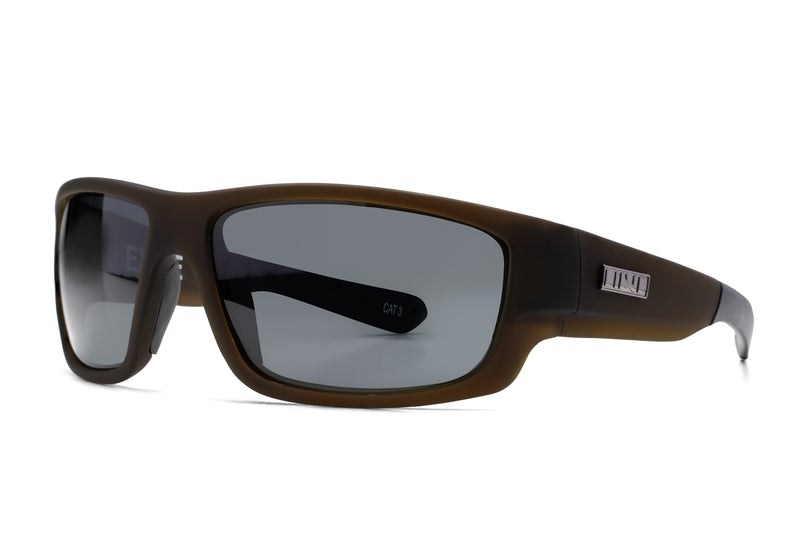 Liive Polar Exile Sunglasses feature brown rectangular frames with polarized grey lenses for enhanced clarity and UV protection. A metallic logo accents the temple, and a "CAT 3" mark on the left lens indicates a category 3 filter, ideal for bright sunlight, blending style and function seamlessly.