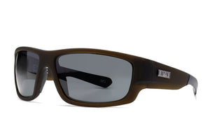 Liive Polar Exile Sunglasses feature brown rectangular frames with polarized grey lenses for enhanced clarity and UV protection. A metallic logo accents the temple, and a "CAT 3" mark on the left lens indicates a category 3 filter, ideal for bright sunlight, blending style and function seamlessly.