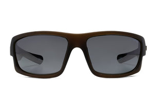 The Liive Polar Exile Sunglasses have a matte brown plastic frame with dark rectangular lenses, wide bridge, and thick temples. They feature polarized grey lenses for superior UV protection, perfectly blending style and functionality.