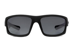 The Liive Exile Sunglasses, featuring a sporty, wraparound design with wide arms, are presented in front of a white background. These black, full-rim sunglasses come with dark tinted lenses and offer UV protection.