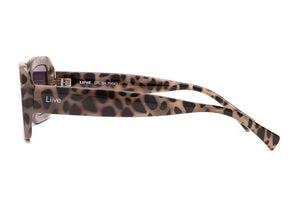Side view of a pair of Liive Crush Sunglasses featuring tortoiseshell-patterned frames. The sunglasses exhibit the "Liive" branding near the temple and "LINIE CRUSH PH043" inscribed on the inside of the arm, providing both UV protection and a lightweight polycarbonate design.