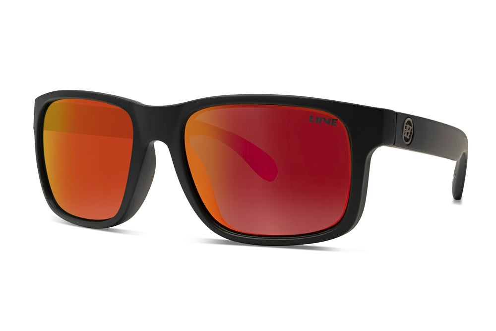 Introducing the Liive Marlin Mirror Polar Float Sunglasses - a sporty and robust pair of black-framed sunglasses featuring striking red mirrored lenses. The left temple showcases the word "Liive" printed in bold red, while a circular logo adorns the right temple. Designed with polarised lenses, these sunglasses effectively reduce water surface glare.