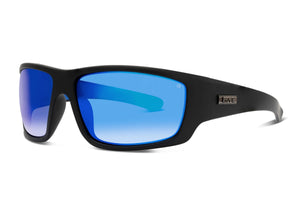 The Liive Z Hammer Safety Mirror Sunglasses boast sleek black frames with UV-protective blue mirror lenses. The thick wraparound design adds a sporty touch, and the brand logo is elegantly displayed on the temple.