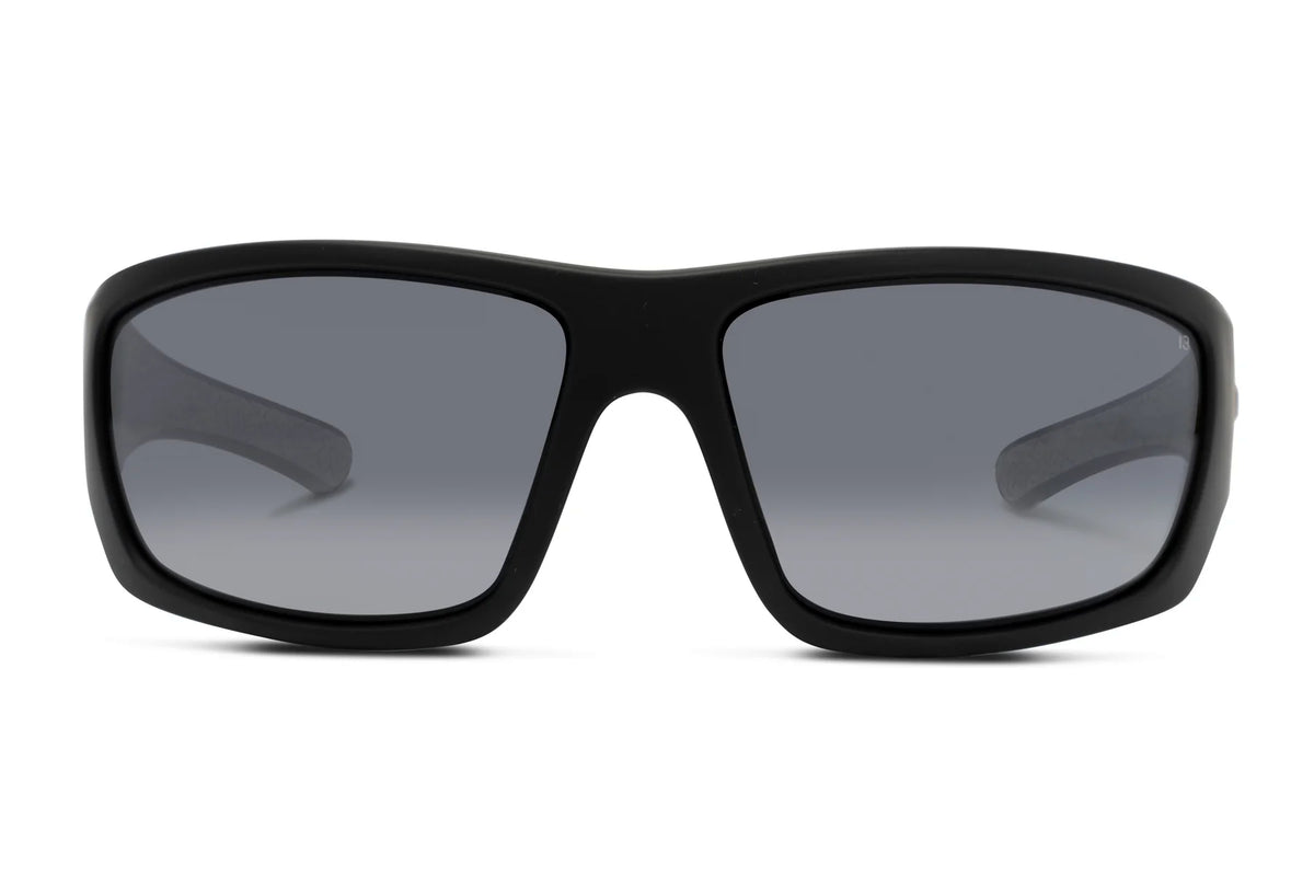 Liive Z Hammer Safety Sunglasses with a black plastic frame and dark gray shatterproof lenses offering UV protection, shown from the front.