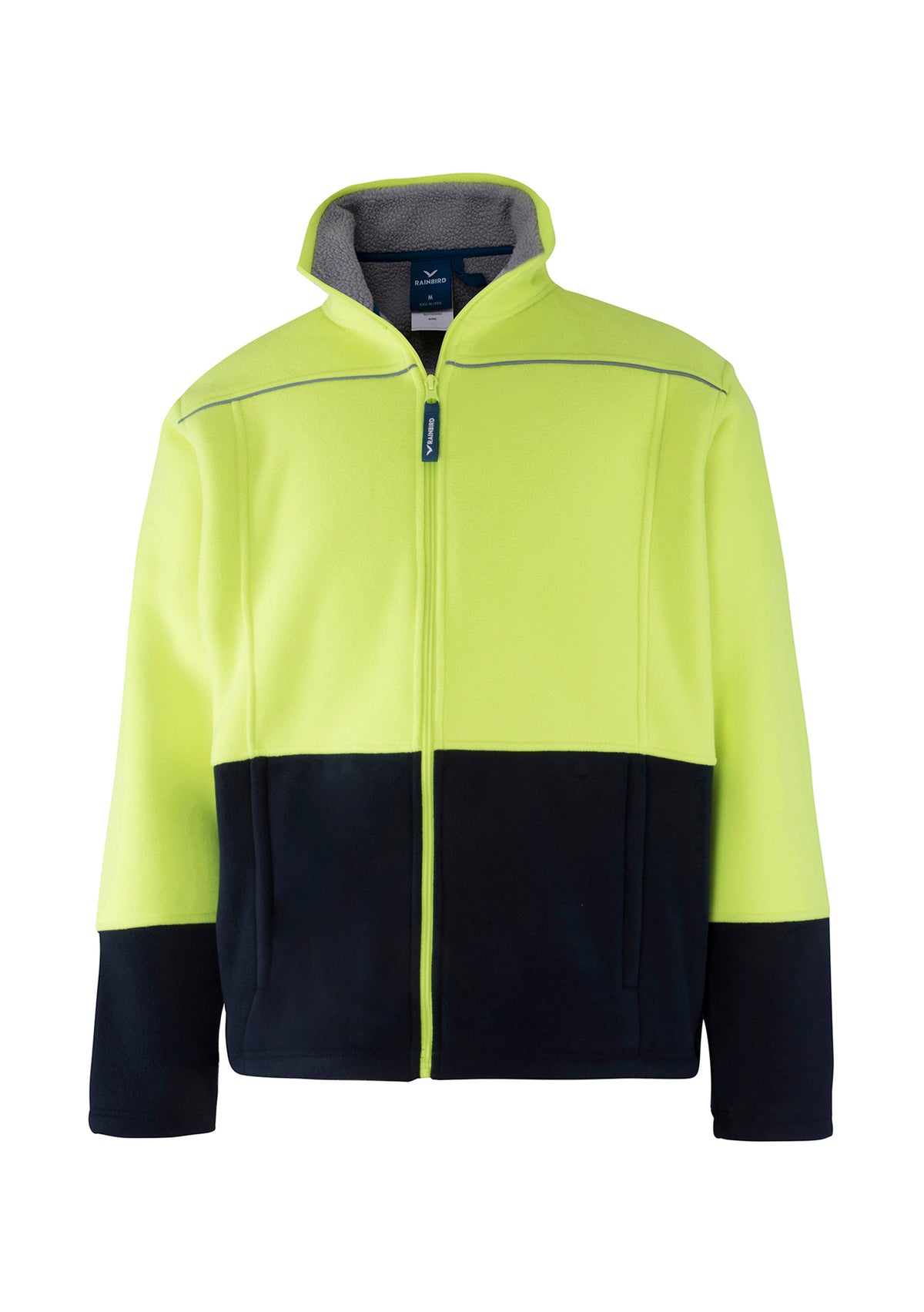 The Rainbird Lumber Jacket is a two-toned piece with a bright yellow upper section and a black lower section. This fleece-lined jacket boasts a high collar, full-length front zipper, and is crafted from 100% polyester. It features long sleeves and two front pockets, designed to ensure both visibility and warmth.