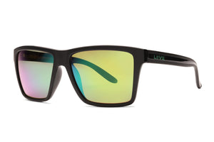 Liive X Sabotage X Mirror Polar Sunglasses feature black frames with ultra-light, rectangular shapes and sleek temples adorned with "LIIVE" in small green letters. The reflective, polarized lenses display hues of pink, yellow, and green.