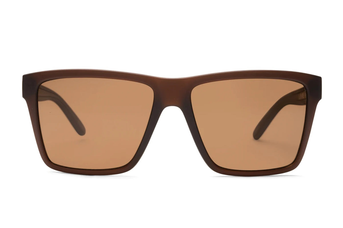 Liive X Sabotage X Polar Sunglasses featuring matte brown rectangular frames and polarized brown lenses viewed from the front.