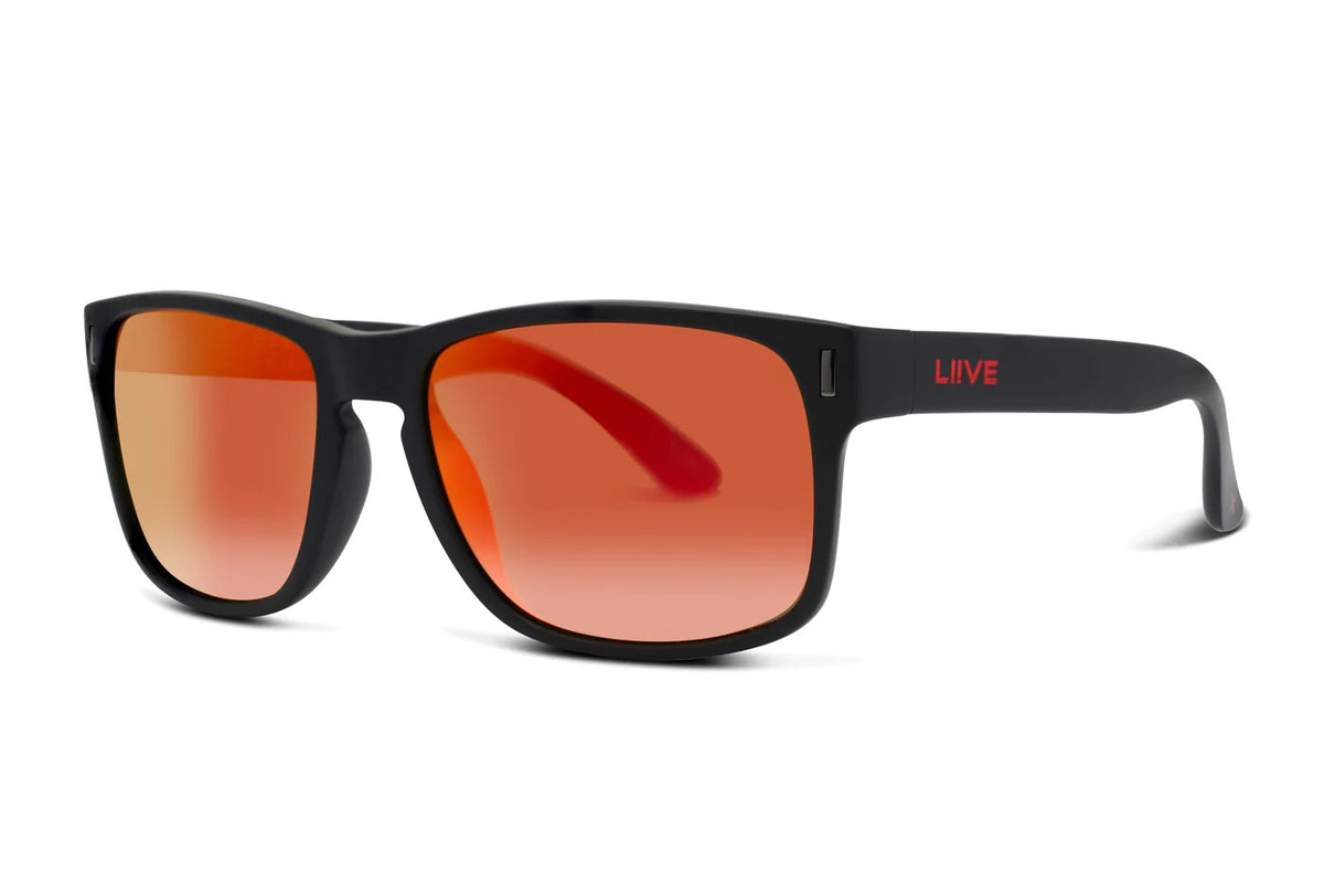 The Liive X Wolf X Mirror Polar Sunglasses feature black frames, reflective orange lenses, a "LIVE" logo in bold red on the right temple, a lightweight design, and an anti-reflective coating for stylish comfort during sunny adventures.
