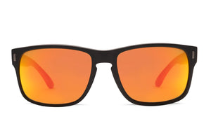The Liive X Wolf X Mirror Polar Sunglasses feature black rectangular frames with orange mirrored, anti-reflective lenses for optimal clarity. Lightweight for a comfortable fit, the product is showcased against a white background.