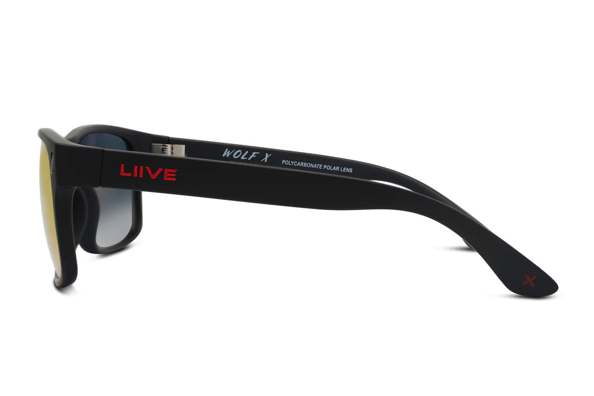 Liive X Wolf X Mirror Polar Sunglasses feature black, lightweight rectangular frames and mirrored lenses. The side arms highlight "WOLF X" and "LIIVE" in red and white, with "POLARIZED LENS" inside. Enjoy superior clarity with an anti-reflective coating for ultimate stylish comfort.