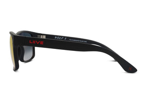 Liive X Wolf X Mirror Polar Sunglasses feature black, lightweight rectangular frames and mirrored lenses. The side arms highlight "WOLF X" and "LIIVE" in red and white, with "POLARIZED LENS" inside. Enjoy superior clarity with an anti-reflective coating for ultimate stylish comfort.