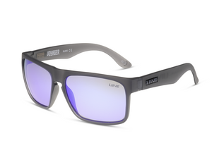 The Liive Voyager Mirror Polar Float Sunglasses are a stylish pair featuring matte gray frames, reflective purple-tinted polarized lenses that offer UV protection, and the brand name "LIVE" on the temples along with the model name "VORAGER" visible on the inside of one arm.