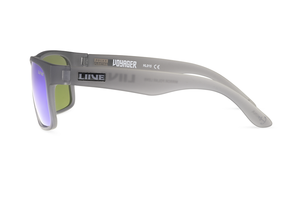 Side view of a pair of gray plastic sunglasses featuring polarized lenses and UV protection. The sunglasses have the brand name "Liive" and model name "Voyager Mirror Polar Float" printed on the temple, along with details about the lenses and certification.