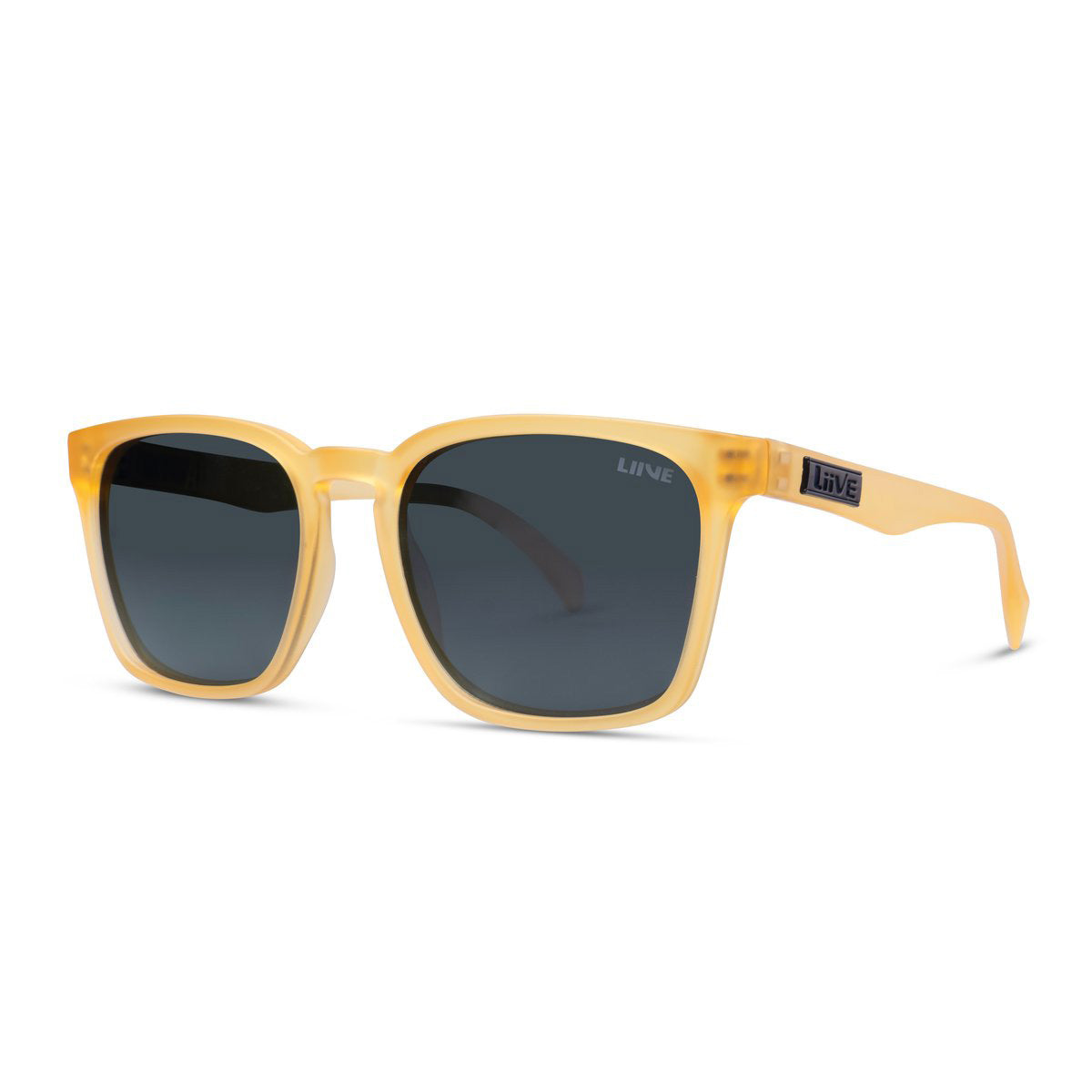 The Liive Alik Polar Sunglasses are a stylish pair of polarized sunglasses featuring a matte yellow, semi-translucent frame and dark-tinted rectangular lenses. The brand name "LINE" is prominently displayed on the left temple. Made from lightweight polycarbonate for enhanced comfort, they also include wide temples for added support and offer UV protection.