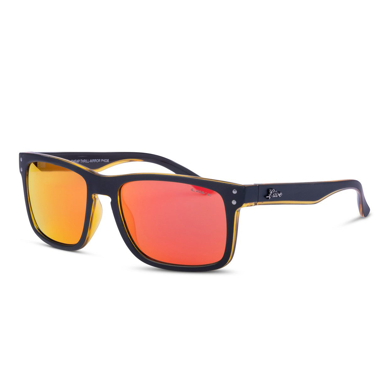 Introducing the Liive Cheap Thrill Mirror Sunglasses: a pair of stylish black-framed mirror sunglasses featuring reflective red-orange lenses. The lightweight polycarbonate frame is adorned with golden accents along the edges, and a small logo is positioned on the top corner of one lens and on the temple arms, providing both UV protection and sleek design.