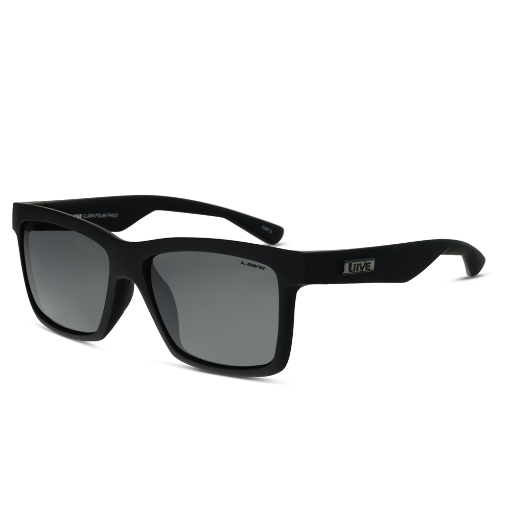 A pair of stylish black rectangular Liive Clash Polar Sunglasses with dark polarised lenses. The polycarbonate frame features the brand name "Liive" in metallic detailing. The design is sleek and modern, suitable for various outdoor activities.