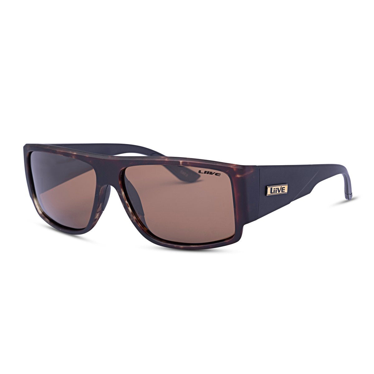 The Liive Machette Polar Sunglasses feature a pair of brown-tinted, rectangular lenses encased in thick, dark tortoiseshell frames. The lightweight polycarbonate lenses offer excellent UV protection, and a silver rectangular plaque with "Liive" engraved on it adorns the left temple.