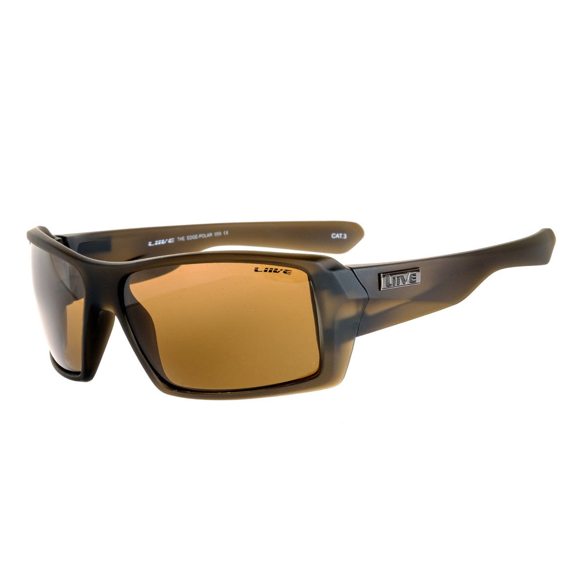 A pair of Liive The Edge Polar Sunglasses featuring rectangular, brown-tinted lenses and a black-and-brown Matt Beer Frame. The brand name "Liive" is visible on the temples and lens, offering both style and performance.
