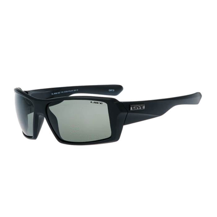 A pair of Liive The Edge Polar Sunglasses with a matt black frame and grey polarised lenses. The sunglasses feature a sleek, sporty design, and the Liive logo is visible on the side of the arms.