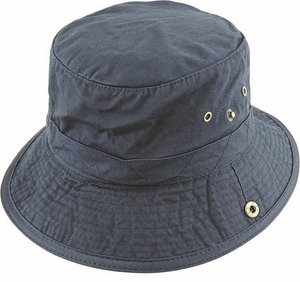 Introducing the Scala Washed Twill Boonie: a dark blue, lightweight bucket hat featuring a wide brim and metal eyelets near the top for ventilation. This durable hat includes a quilted band detail around the crown and offers UPF50+ protection.