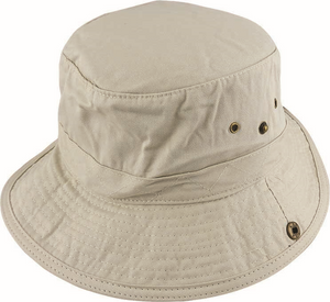 The Scala Washed Twill Boonie is a beige bucket hat featuring a wide brim and three metal ventilation eyelets on one side. The fabric is sturdy yet lightweight, with visible stitching along the brim and crown, which highlights its well-made and durable design. Additionally, it offers UPF50+ protection for those sunny days.