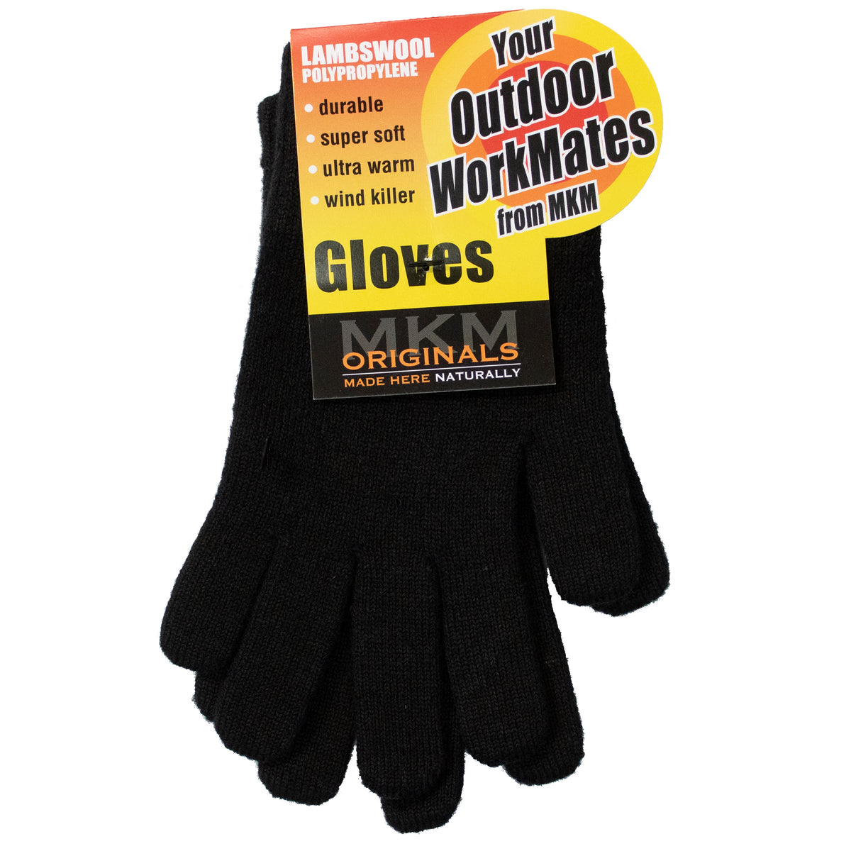 A pair of black gloves is displayed with a tag that reads "LAMBSWOOL POLYPROPYLENE," "durable," "super soft," "ultra warm," "wind killer," and "Your Outdoor WorkMates from MKM." These MKM 36.6 Dual Layer Gloves help maintain optimum body temperature and are branded as "MKM Originals - Made Here Naturally.