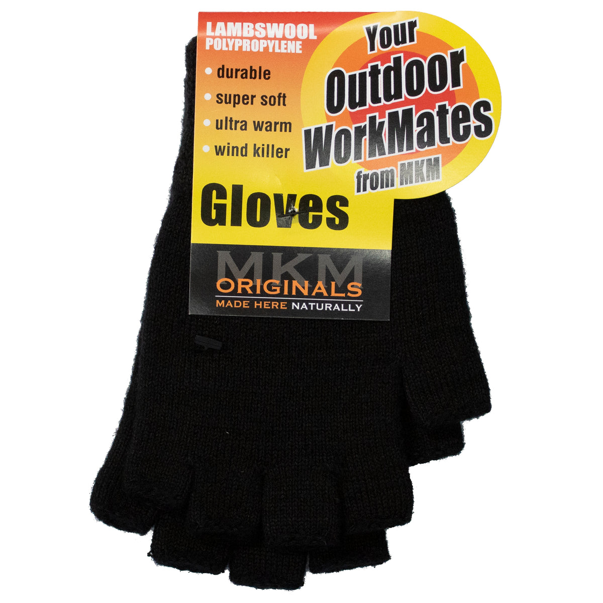 A pair of MKM 36.6 Dual Layer Fingerless Gloves in black featuring labels that read "LAMBSWOOL POLYPROPYLENE," "Your Outdoor WorkMates from MKM," "durable," "super soft," "ultra warm," "wind killer," and "MKM ORIGINALS MADE HERE NATURALLY.