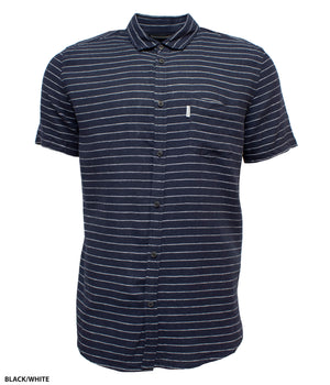 The Industrie The Santa Fe S/S Shirt is a casual, short-sleeved, button-up shirt with horizontal black and white stripes. It features a front pocket on the left chest, a collar, and appears to be made from a lightweight linen blend for comfortable wear. The bottom left corner of the image shows the text "BLACK/WHITE".