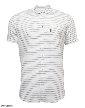 The Industrie The Santa Fe S/S Shirt is a comfortable white short-sleeved button-up featuring thin black horizontal stripes. It includes a chest pocket with a small black tag and has a traditional collar. Made from a linen blend fabric, it ensures a casual fit perfect for any relaxed occasion.