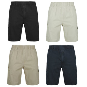 An image displaying the Label One Cotton Cargo Shorts in four different colors, arranged in a grid. The top row shows black and light beige shorts, while the bottom row features another pair of light beige and a pair of dark navy blue shorts. Each pair is designed with an elastic waistband, side pockets, and practical cargo pockets.
