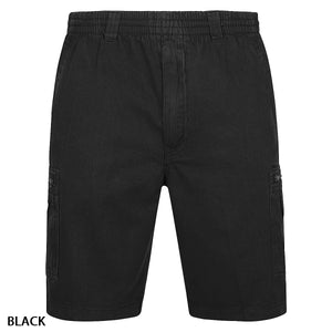 Introducing the Label One Cotton Cargo Short: a pair of black cargo shorts featuring an elastic waistband and side pockets. Designed to reach just above the knee, these shorts are made from sturdy cotton fabric. The word "BLACK" is elegantly printed on the bottom left corner, making these casual cargo shorts both practical and stylish.