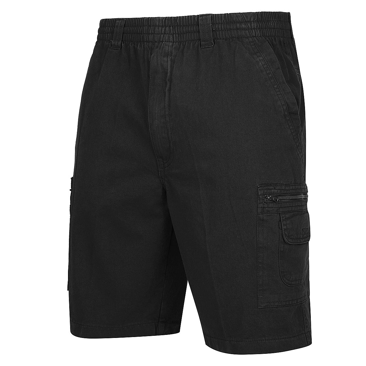 Label One Cotton Cargo Short, featuring black knee-length cotton shorts with an elastic waistband and front stitching details. These casual shorts are designed with deep side pockets and additional cargo pockets with zip closures on each leg.