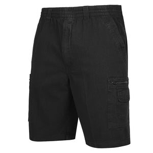 Label One Cotton Cargo Short, featuring black knee-length cotton shorts with an elastic waistband and front stitching details. These casual shorts are designed with deep side pockets and additional cargo pockets with zip closures on each leg.