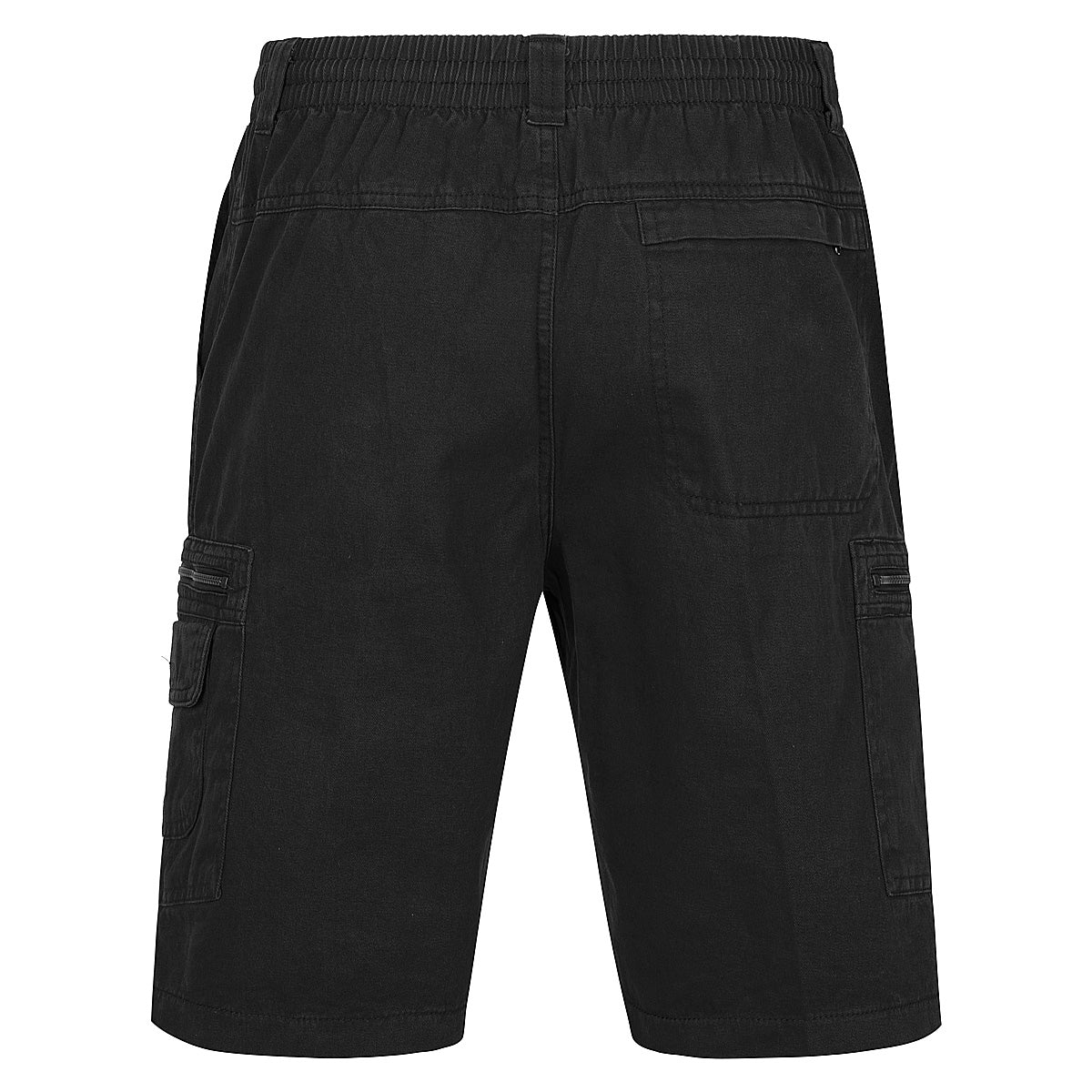 The Label One Cotton Cargo Short is displayed from the back, highlighting its elastic waistband, a back pocket on the right side, and two flap pockets on each thigh. Made from durable fabric, these casual shorts are perfect for outdoor wear.