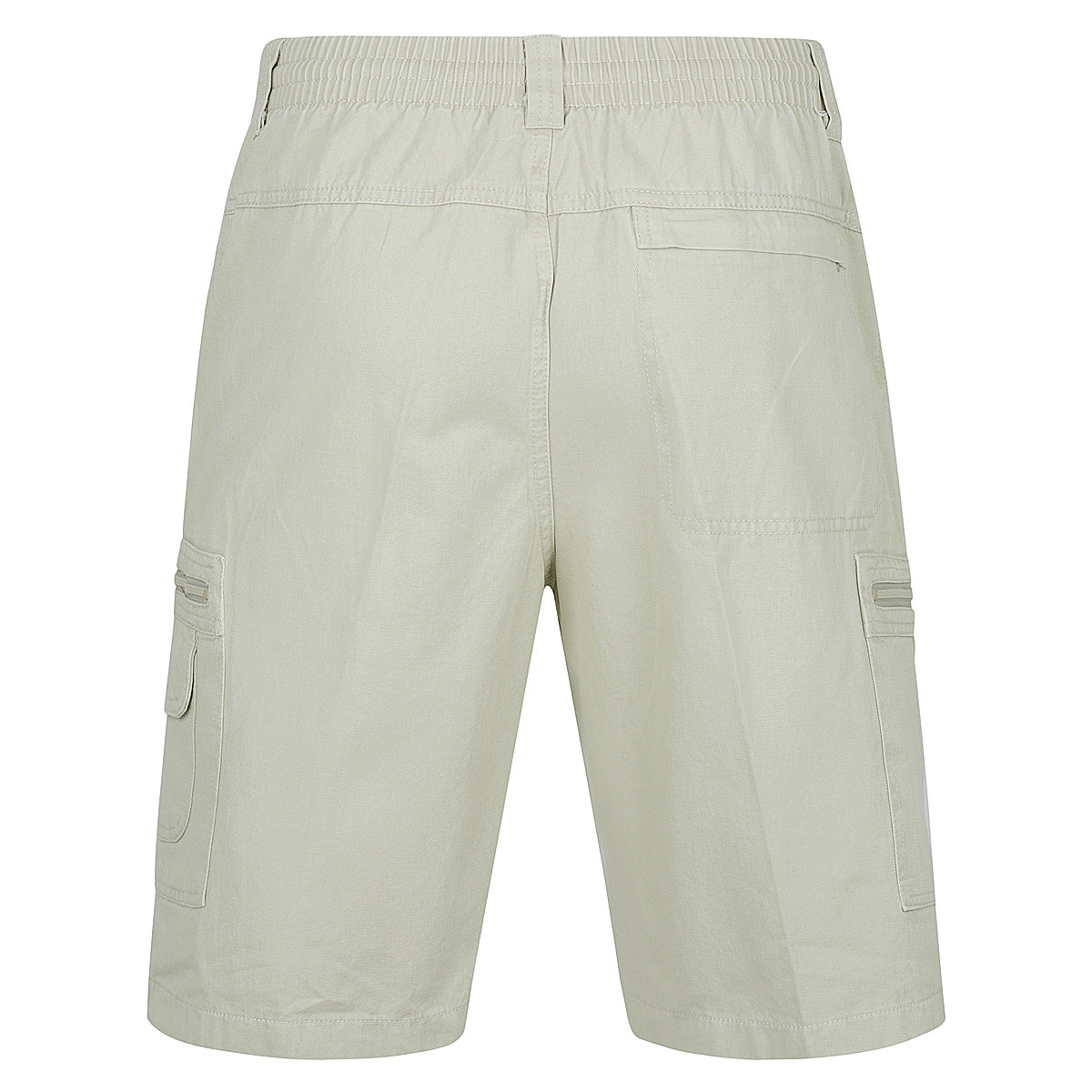 Back view of the Label One Cotton Cargo Short in light khaki, crafted from cotton. These casual shorts feature an elastic waistband, belt loops, two side flap pockets, two back pockets (one zipped and one with a flap closure), and two cargo pockets on each leg, highlighting their functional design.