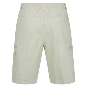 Back view of the Label One Cotton Cargo Short in light khaki, crafted from cotton. These casual shorts feature an elastic waistband, belt loops, two side flap pockets, two back pockets (one zipped and one with a flap closure), and two cargo pockets on each leg, highlighting their functional design.