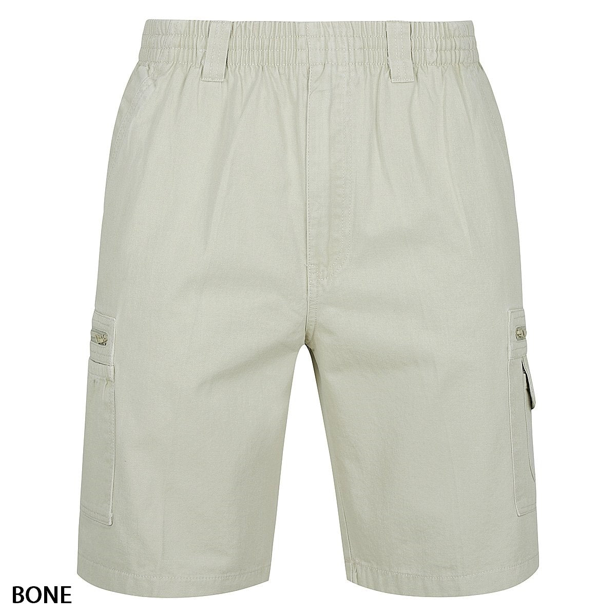 The Label One Cotton Cargo Short is a pair of casual light beige shorts labeled "BONE." These shorts feature an elastic waistband and multiple pockets, including two large cargo pockets on either side with button closures.