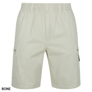 The Label One Cotton Cargo Short is a pair of casual light beige shorts labeled "BONE." These shorts feature an elastic waistband and multiple pockets, including two large cargo pockets on either side with button closures.