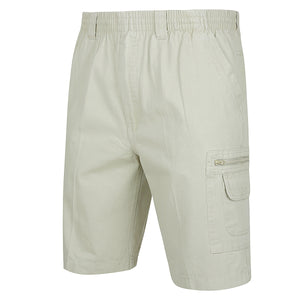 The Label One Cotton Cargo Short is a stylish pair of beige shorts made from cotton blends. These shorts include an elastic waistband and drawstring for comfort, and feature multiple cargo pockets—such as a large side pocket equipped with both a flap and zipper. Their casual design makes them perfect for outdoor activities.