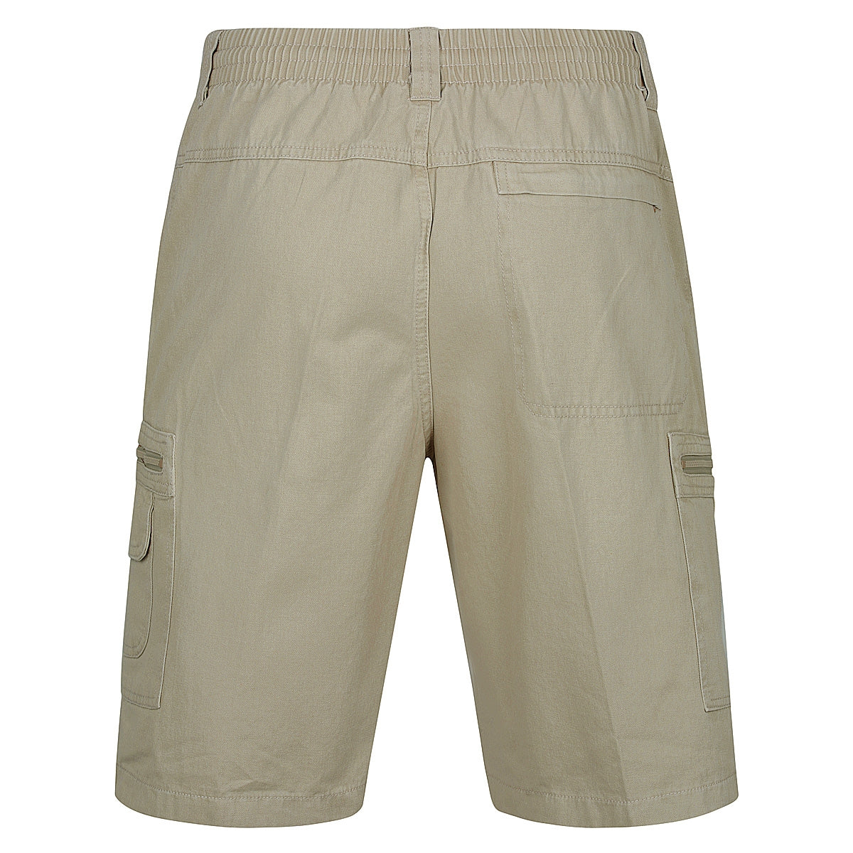 Back view of Label One Cotton Cargo Short in beige with an elastic waistband. These cotton shorts feature a single buttoned back pocket on the right side, two buttoned cargo pockets on either side, and belt loops. The lightweight fabric appears suitable for casual wear.