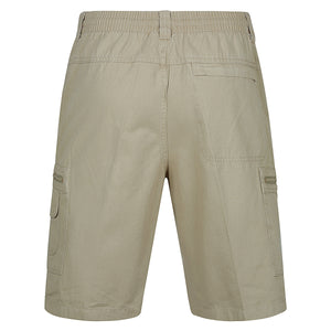 Back view of Label One Cotton Cargo Short in beige with an elastic waistband. These cotton shorts feature a single buttoned back pocket on the right side, two buttoned cargo pockets on either side, and belt loops. The lightweight fabric appears suitable for casual wear.