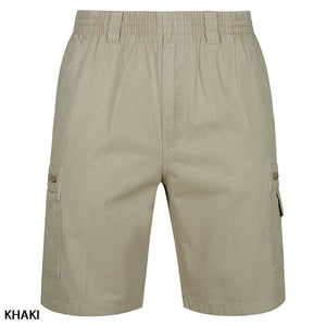 Label One Cotton Cargo Short in khaki for men features a lightweight cotton material, perfect for casual wear. Designed with an elastic waistband, it includes two side cargo pockets with button closures and two standard front pockets. The word "KHAKI" is written in the bottom left.