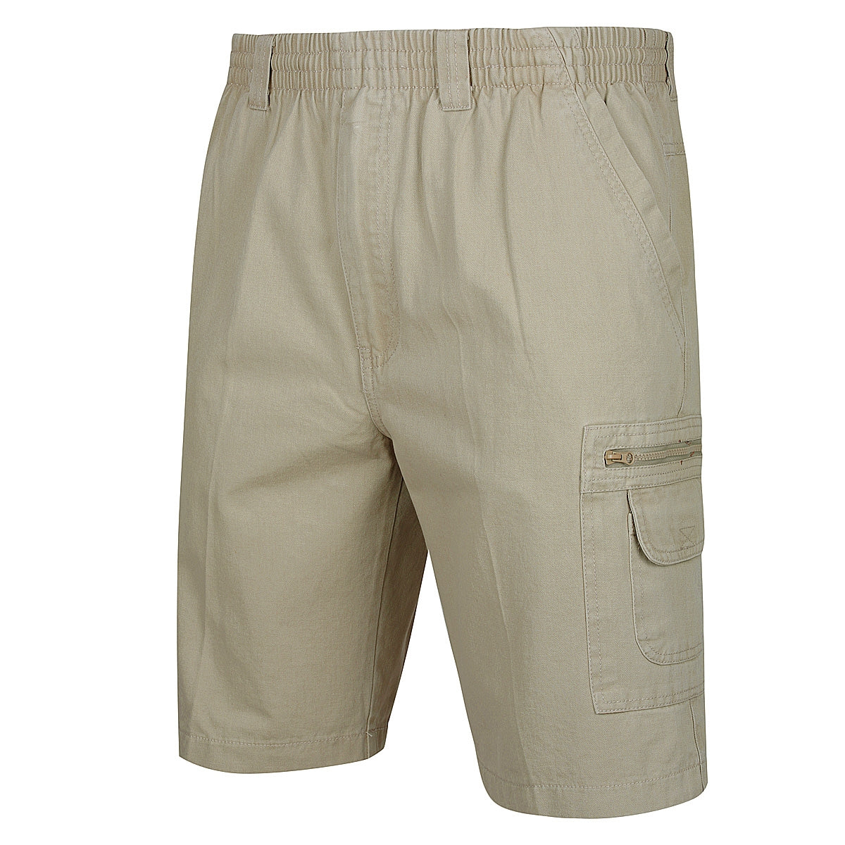 Label One Cotton Cargo Short features a pair of beige cotton shorts with an elastic waistband and cargo pockets, including a zippered pocket on the right side. These casual shorts boast a loose fit and a knee-length cut.