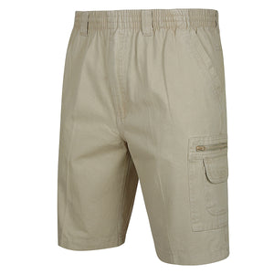 Label One Cotton Cargo Short features a pair of beige cotton shorts with an elastic waistband and cargo pockets, including a zippered pocket on the right side. These casual shorts boast a loose fit and a knee-length cut.