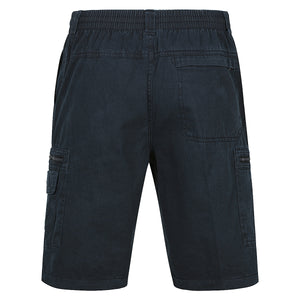 A back view of the Label One Cotton Cargo Shorts in dark blue. These casual shorts have an elastic waistband, a single back pocket on the right side, and cargo pockets on each side with flap closures. The sturdy fabric makes them ideal for everyday wear.