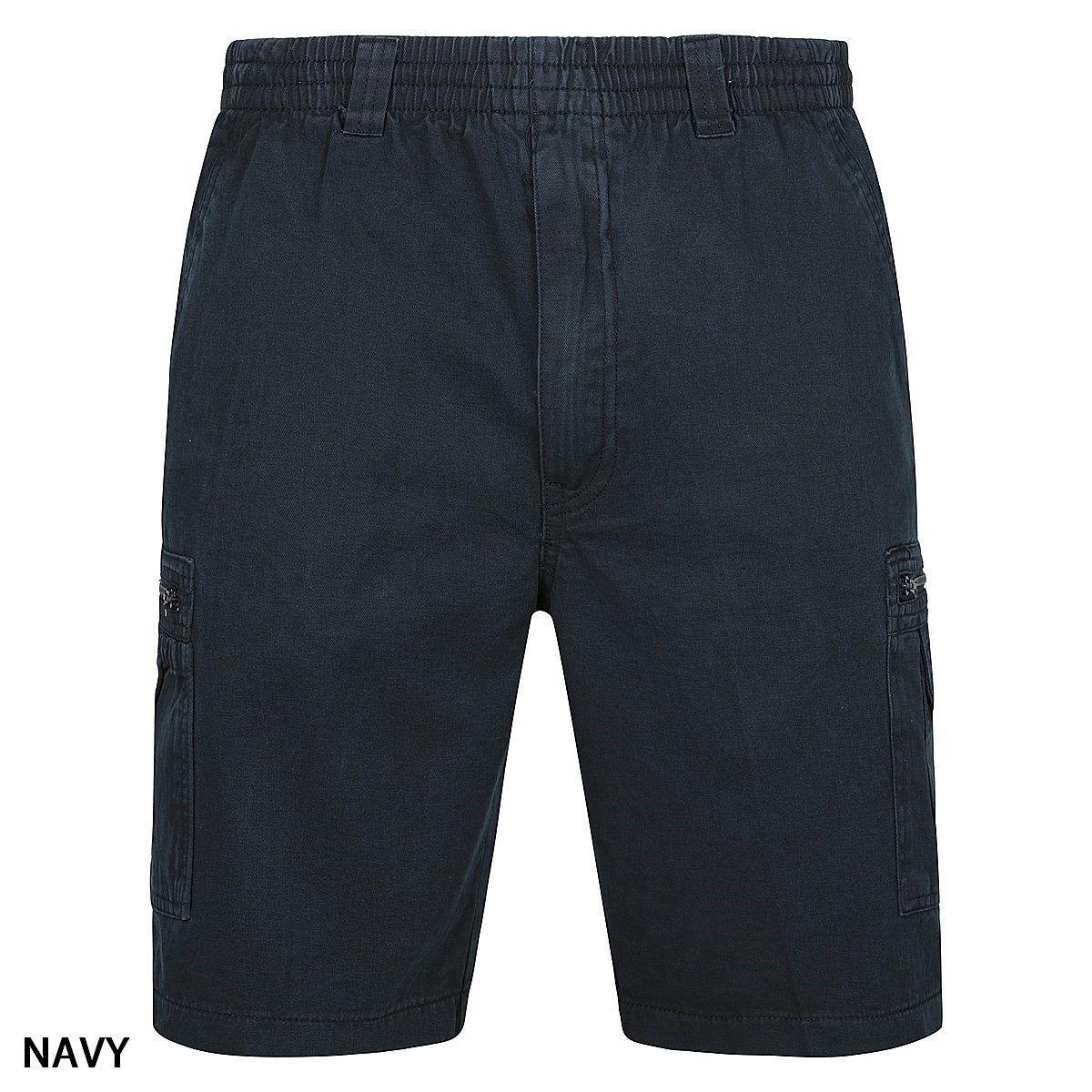 A pair of Label One Cotton Cargo Shorts in navy blue, designed with an elastic waistband and belt loops. These casual cotton shorts feature two side pockets and two cargo pockets. The word "NAVY" is written in the bottom-left corner of the image.