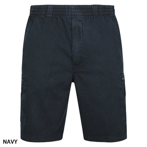A pair of Label One Cotton Cargo Shorts in navy blue, designed with an elastic waistband and belt loops. These casual cotton shorts feature two side pockets and two cargo pockets. The word "NAVY" is written in the bottom-left corner of the image.