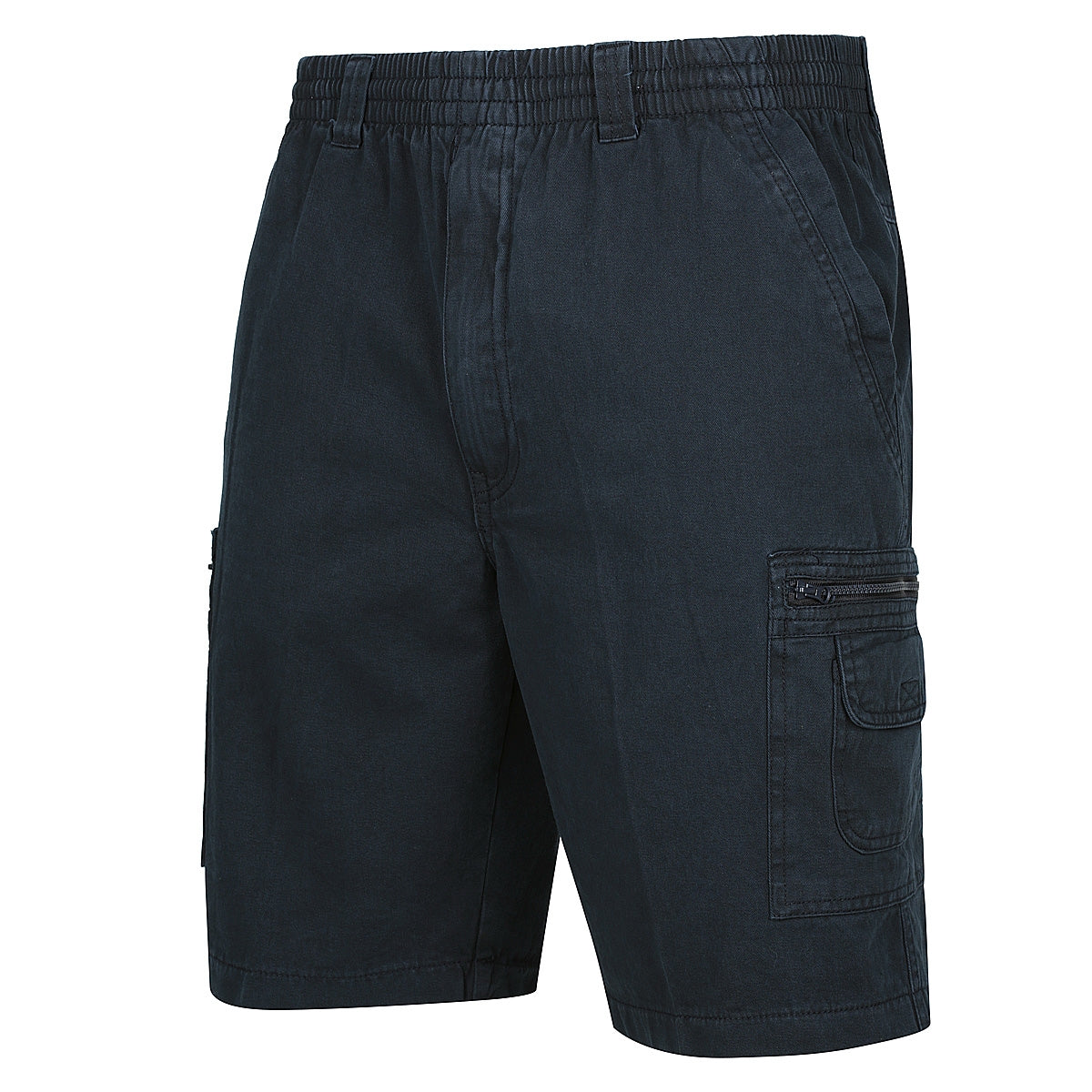 The Label One Cotton Cargo Short is a pair of black cotton cargo shorts featuring an elastic waistband and multiple pockets, including zippered and flap cargo side pockets.