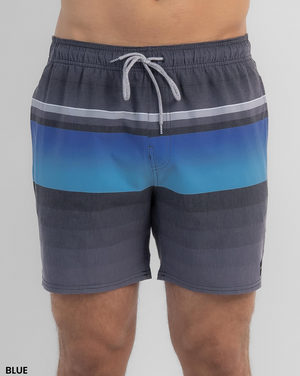 A person wearing Rip Curl Party Pack Volley Short in blue and gray stripes with a white drawstring, shown from waist to mid-thigh against a plain background. "BLUE" is displayed in the bottom left corner.